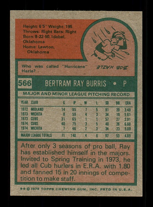 Ray Burris Autographed 1975 Topps Card #566 Chicago Cubs SKU #168506 - RSA