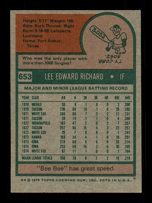 Lee Richards Autographed 1975 Topps Card #653 Chicago White Sox SKU #168549 - RSA