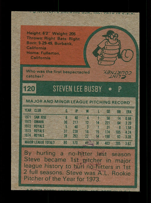 Steve Busby Autographed 1975 Topps Mini Card #120 Kansas City Royals SKU #168591 - RSA