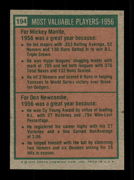 Don Newcombe Autographed 1975 Topps Mini Card #194 Los Angeles Dodgers SKU #168608 - RSA