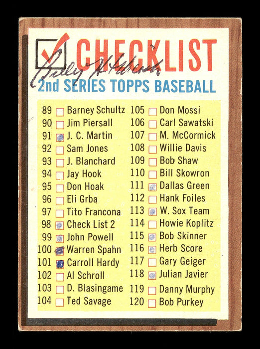 Billy Hitchcock Autographed 1962 Topps Checklist Card #98 Baltimore Orioles SKU #169902 - RSA