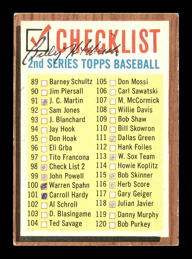 Billy Hitchcock Autographed 1962 Topps Checklist Card #98 Baltimore Orioles SKU #169902 - RSA