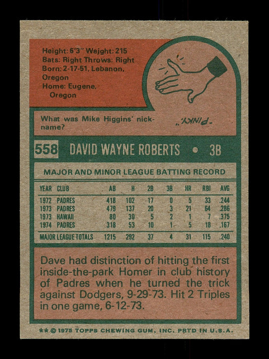 Dave Roberts Autographed 1975 Topps Mini Card #558 San Diego Padres SKU #168670 - RSA