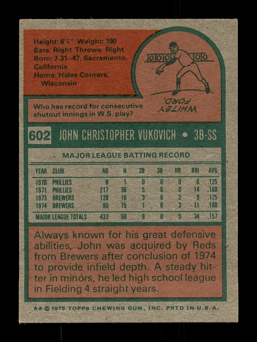 John Vukovich Autographed 1975 Topps Mini Card #602 Cincinnati Reds SKU #168681 - RSA