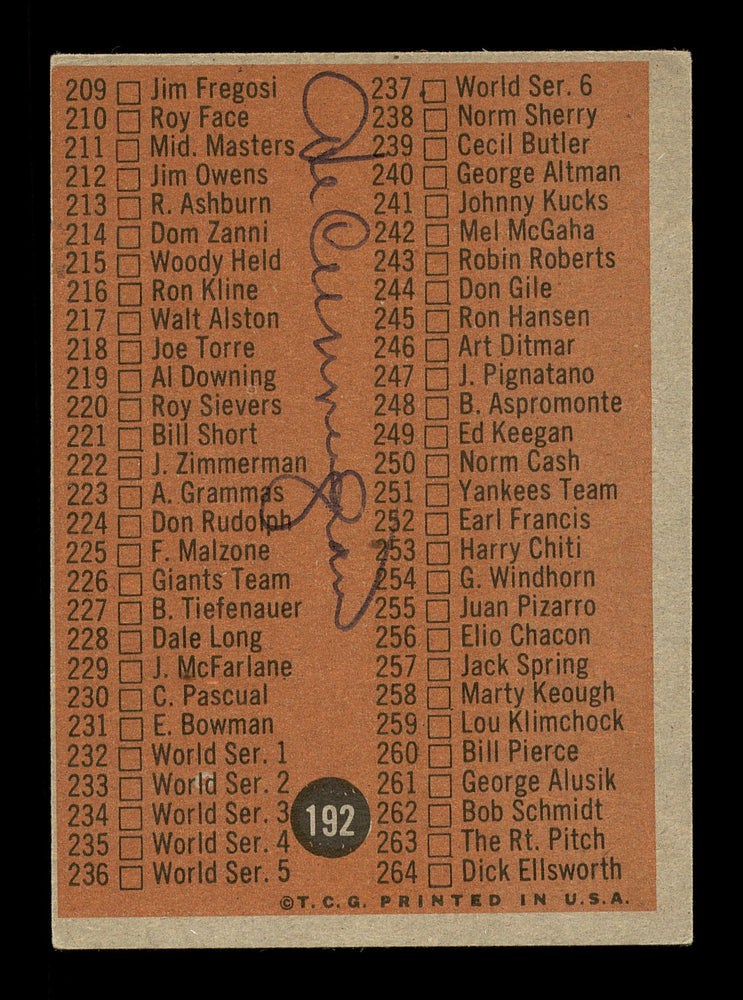 Joe Cunningham Autographed 1962 Topps Checklist Card #192 Chicago White Sox SKU #169932 - RSA