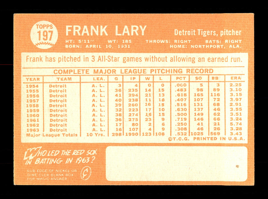 Frank Lary Autographed 1964 Topps Card #197 Detroit Tigers SKU #170263 - RSA