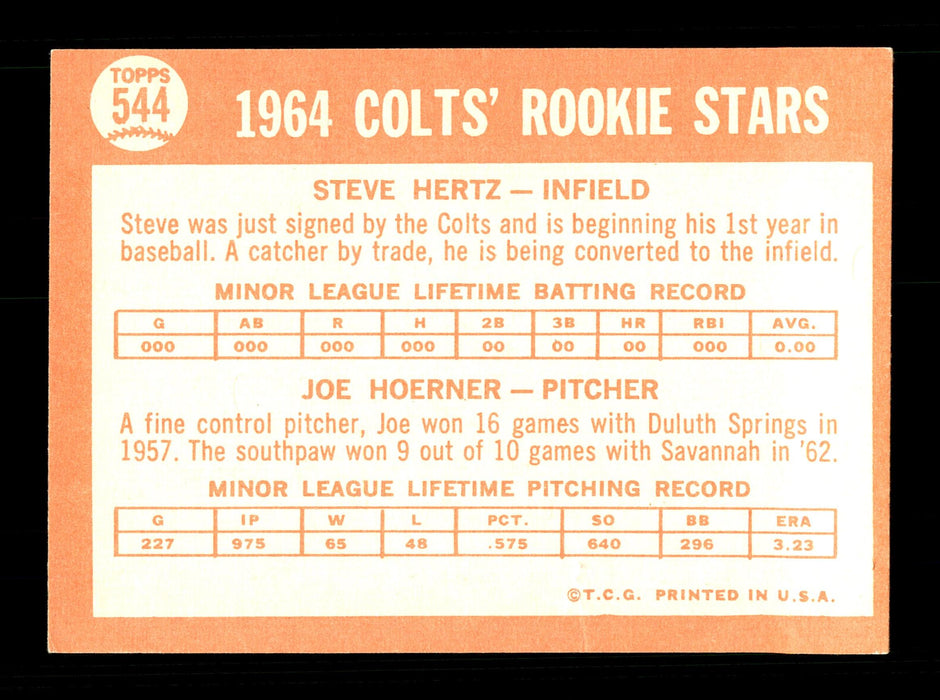 Steve Hertz Autographed 1964 Topps Rookie Card #544 Houston Colt .45's High Number SKU #170361 - RSA