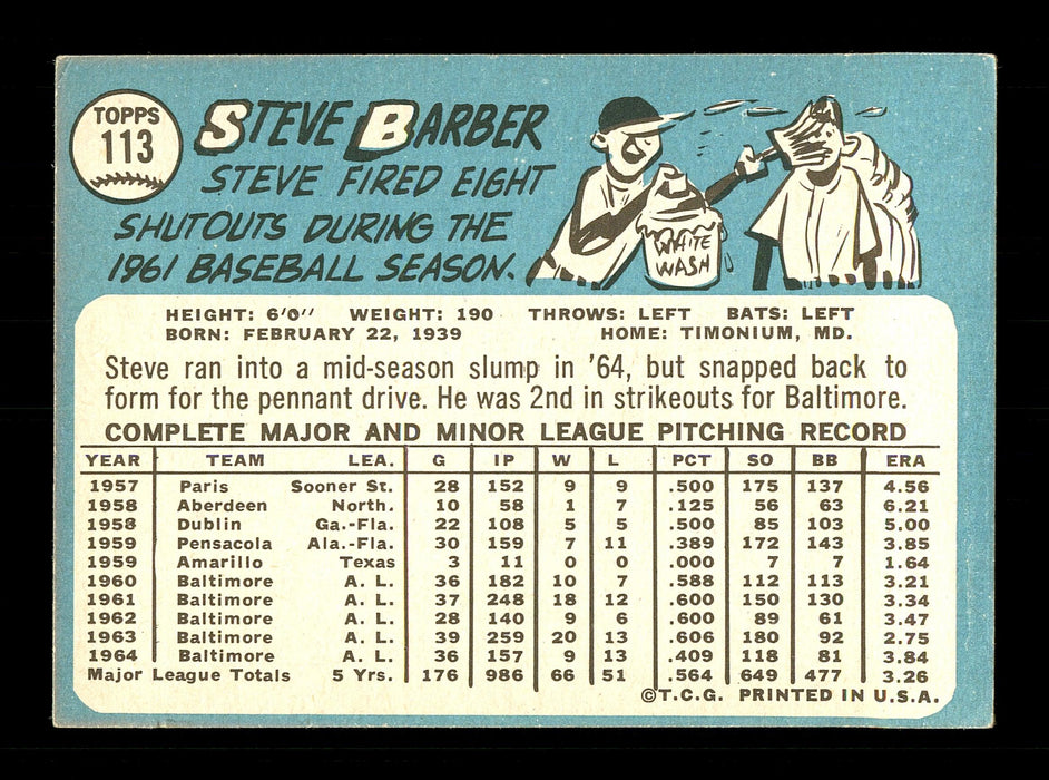 Steve Barber Autographed 1965 Topps Card #113 Baltimore Orioles SKU #170416 - RSA