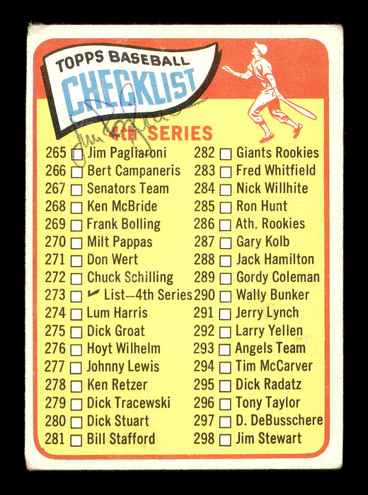 Jim Pagliaroni Autographed 1965 Topps Checklist Card #273 Pittsburgh Pirates SKU #170454 - RSA