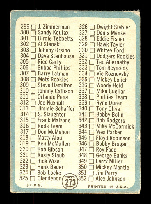 Jim Pagliaroni Autographed 1965 Topps Checklist Card #273 Pittsburgh Pirates SKU #170454 - RSA