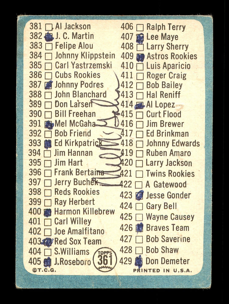 Mel McGaha Autographed 1965 Topps Checklist Card #361 Kansas City A's SKU #170492 - RSA