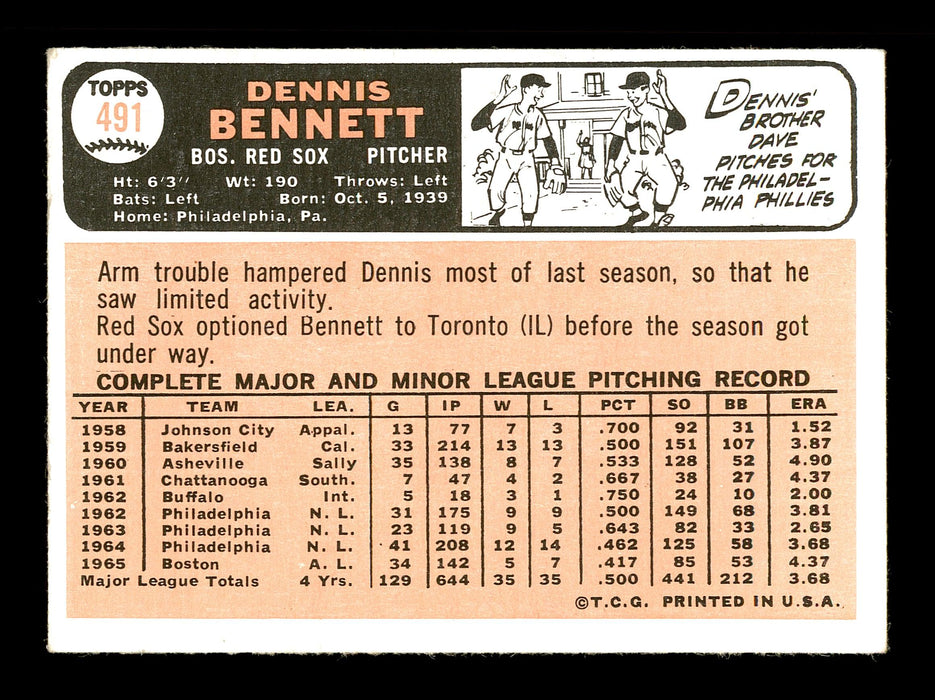 Dennis Bennett Autographed 1966 Topps Card #491 Boston Red Sox SKU #170719 - RSA