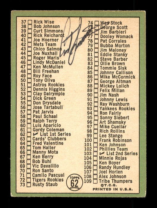 Curt Simmons Autographed 1967 Topps Checklist Card #62 Chicago Cubs SKU #170762 - RSA
