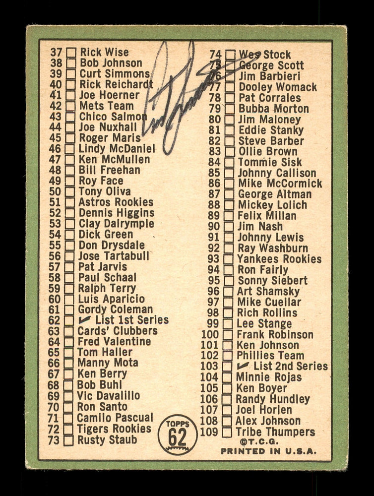 Curt Simmons Autographed 1967 Topps Checklist Card #62 Chicago Cubs SKU #170762 - RSA
