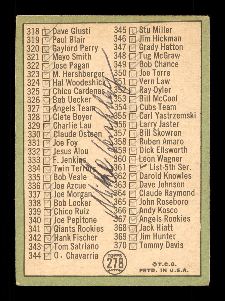 Mike Hershberger Autographed 1967 Topps Checklist Card #278 Kansas City A's SKU #170826 - RSA