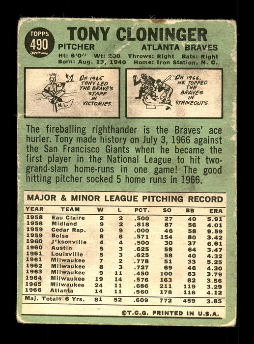 Tony Cloninger Autographed 1967 Topps Card #490 Atlanta Braves SKU #170912 - RSA