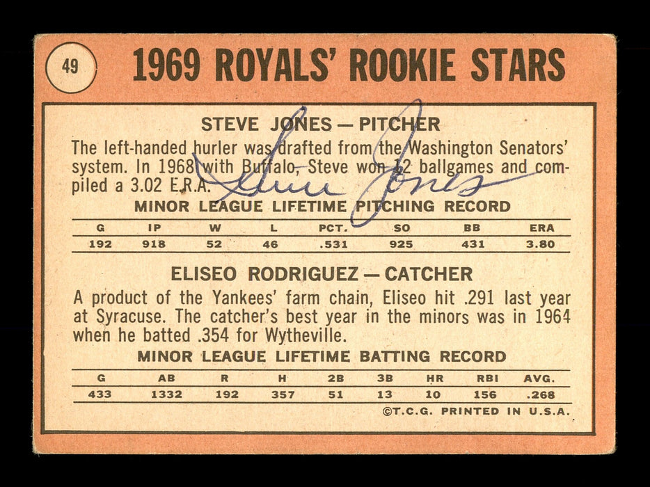 Steve Jones Autographed 1969 Topps Rookie Card #49 Kansas City Royals SKU #170964 - RSA