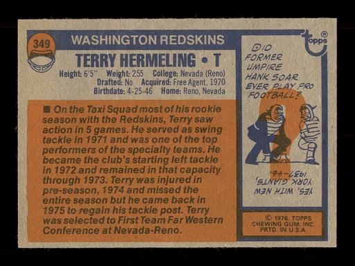 Terry Hermeling Autographed 1976 Topps Rookie Card #349 Washington Redskins SKU #171168 - RSA