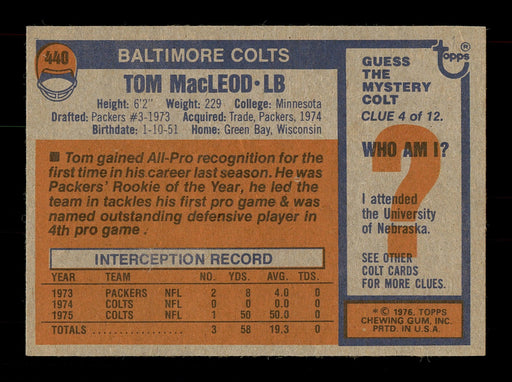 Tom MacLeod Autographed 1976 Topps Rookie Card #440 Baltimore Colts SKU #171169 - RSA