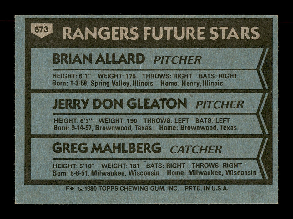Brain Allard, Jerry Don Gleaton & Greg Mahlberg Autographed 1980 Topps Rookie Card #673 Texas Rangers SKU #166396 - RSA