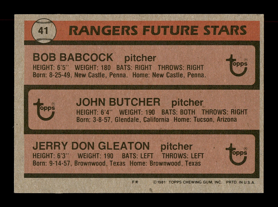 Bob Babcock & Jerry Don Gleaton Autographed 1981 Topps Rookie Card #41 Texas Rangers SKU #166417 - RSA