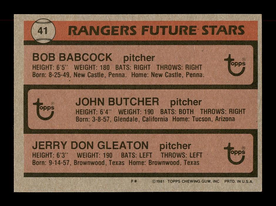 John Butcher & Jerry Don Gleaton Autographed 1981 Topps Rookie Card #41 Texas Rangers SKU #166418 - RSA