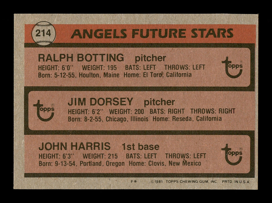 Jim Dorsey & John Harris Autographed 1981 Topps Rookie Card #214 California Angels SKU #166423 - RSA