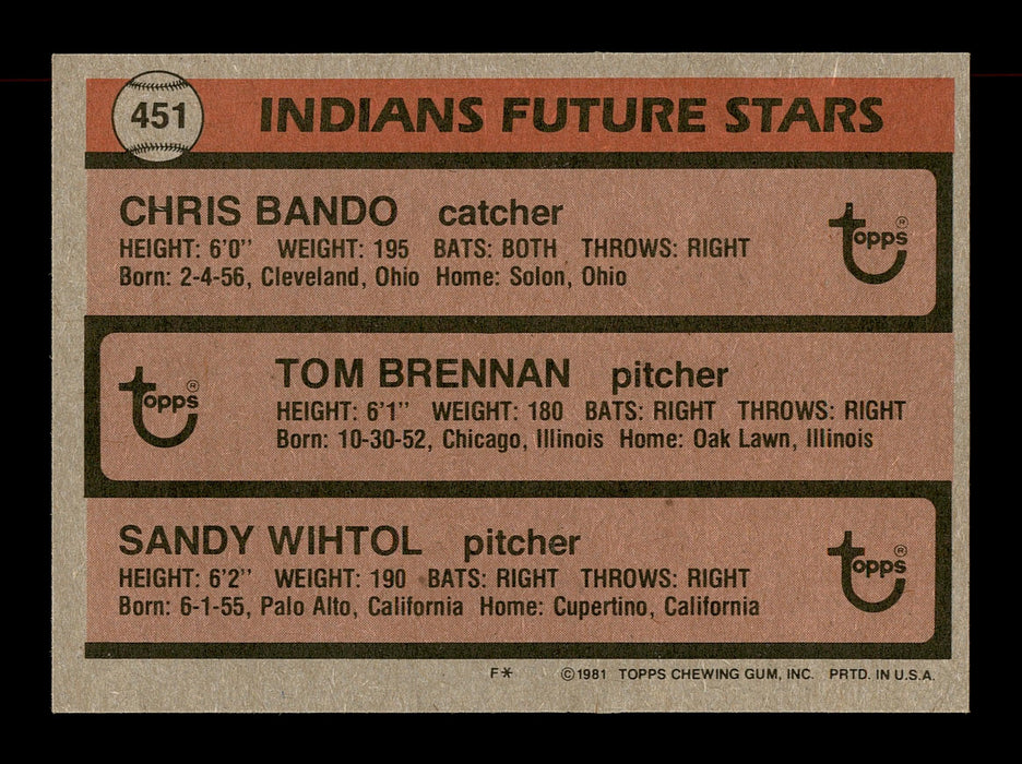 Chris Bando & Tom Brennan Autographed 1981 Topps Rookie Card #451 Cleveland Indians SKU #166431 - RSA