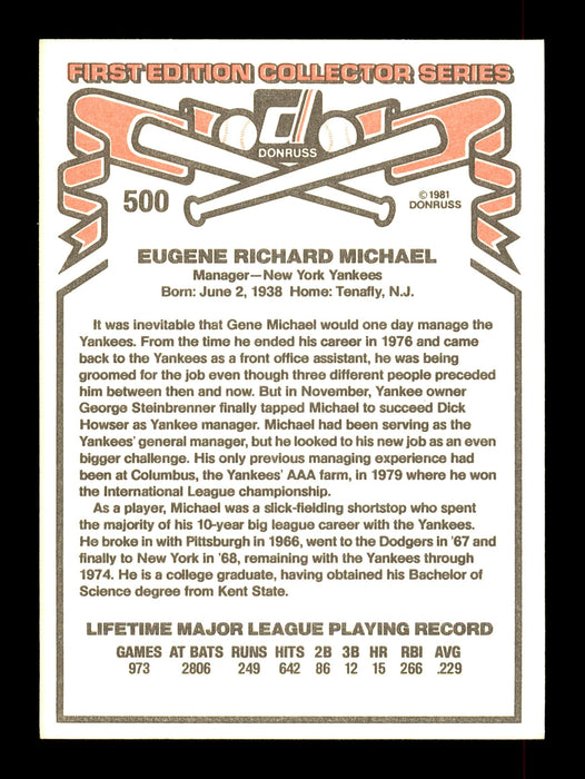 Gene Michael Autographed 1981 Donruss Card #500 New York Yankees SKU #166452 - RSA