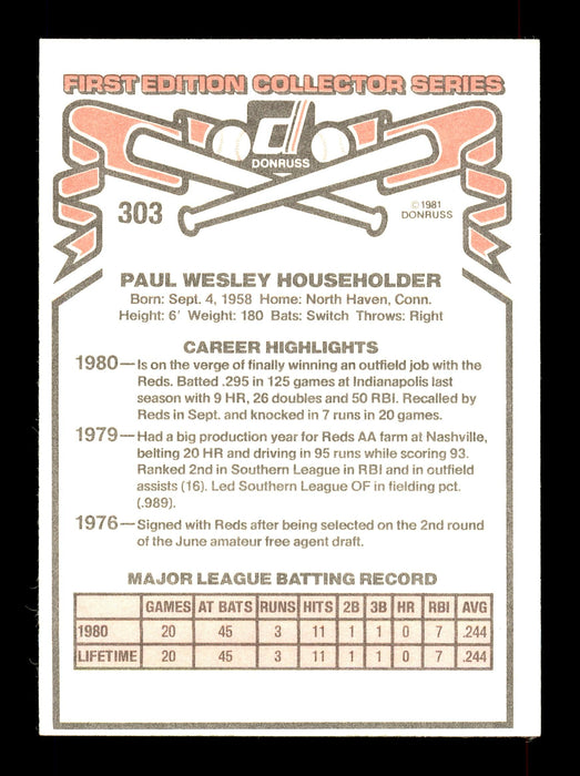 Paul Householder Autographed 1981 Donruss Rookie Card #303 Cincinnati Reds SKU #166488 - RSA