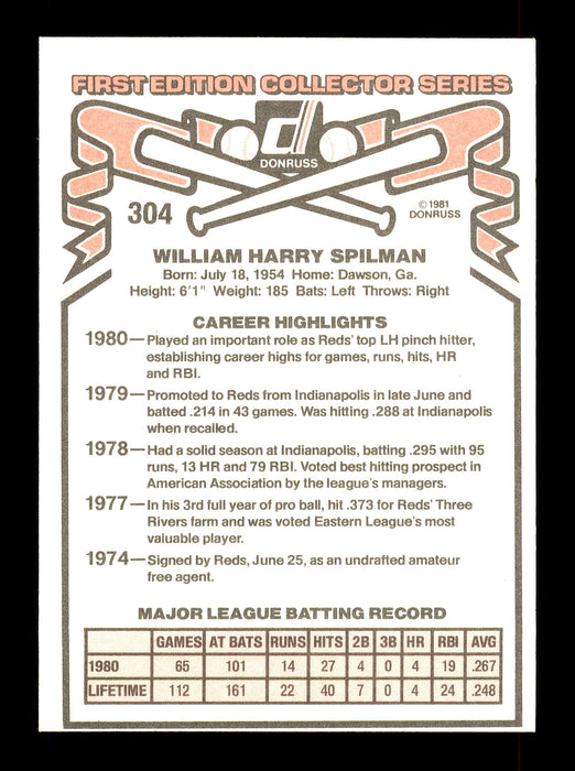 Harry Spilman Autographed 1981 Donruss Card #304 Cincinnati Reds SKU #166490 - RSA