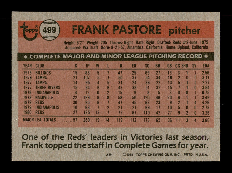 Frank Pastore Autographed 1981 Topps Card #499 Cincinnati Reds SKU #166542 - RSA
