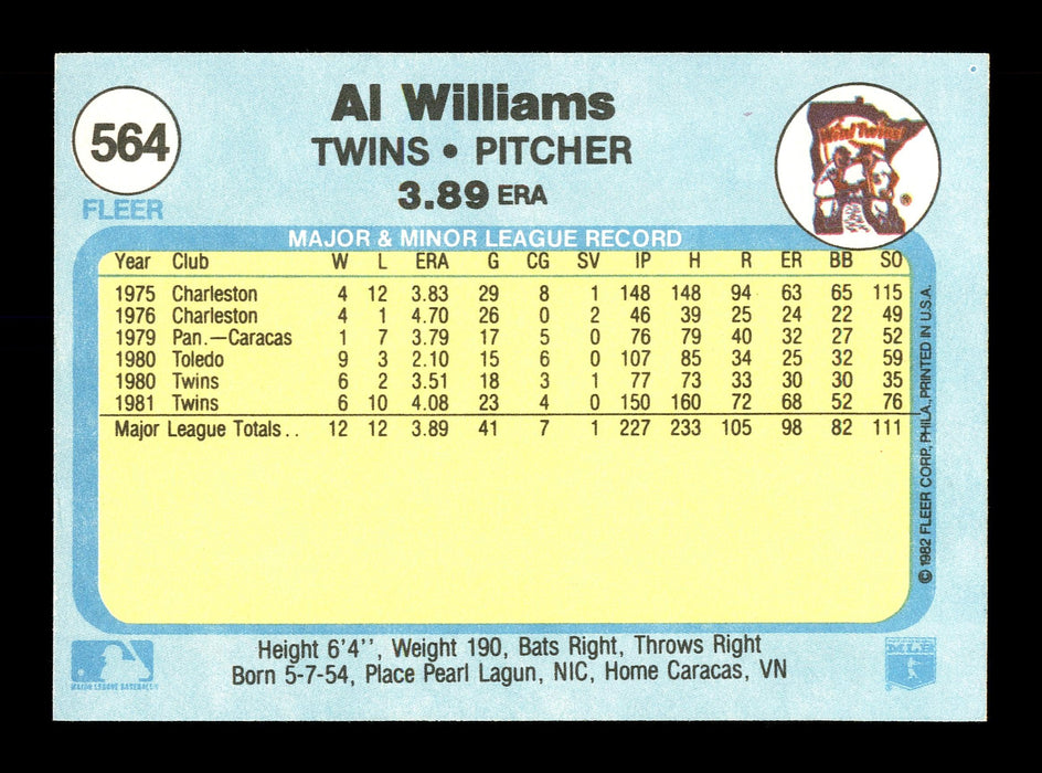 Al Williams Autographed 1982 Fleer Card #564 Minnesota Twins SKU #166633 - RSA