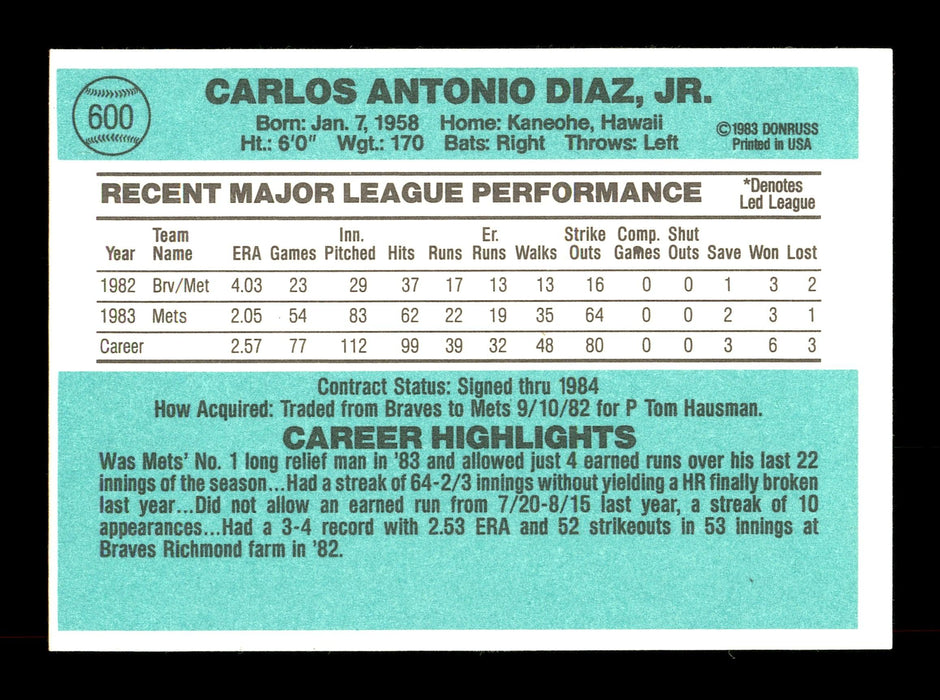 Carlos Diaz Autographed 1984 Donruss Card #600 New York Mets SKU #166644 - RSA