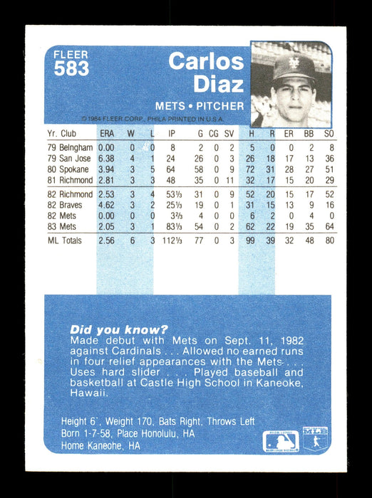 Carlos Diaz Autographed 1984 Fleer Card #583 New York Mets SKU #166655 - RSA