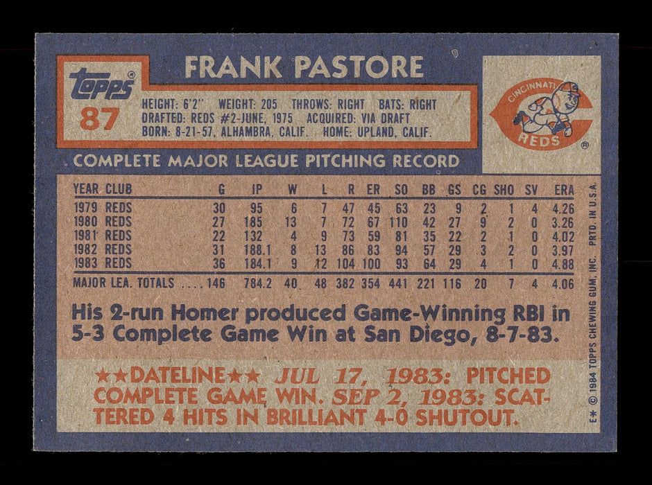 Frank Pastore Autographed 1984 Topps Card #87 Cincinnati Reds SKU #166659 - RSA