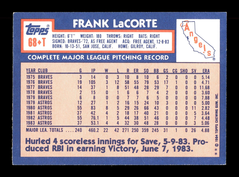 Frank LaCorte Autographed 1984 Topps Card #68T California Angels SKU #166680 - RSA
