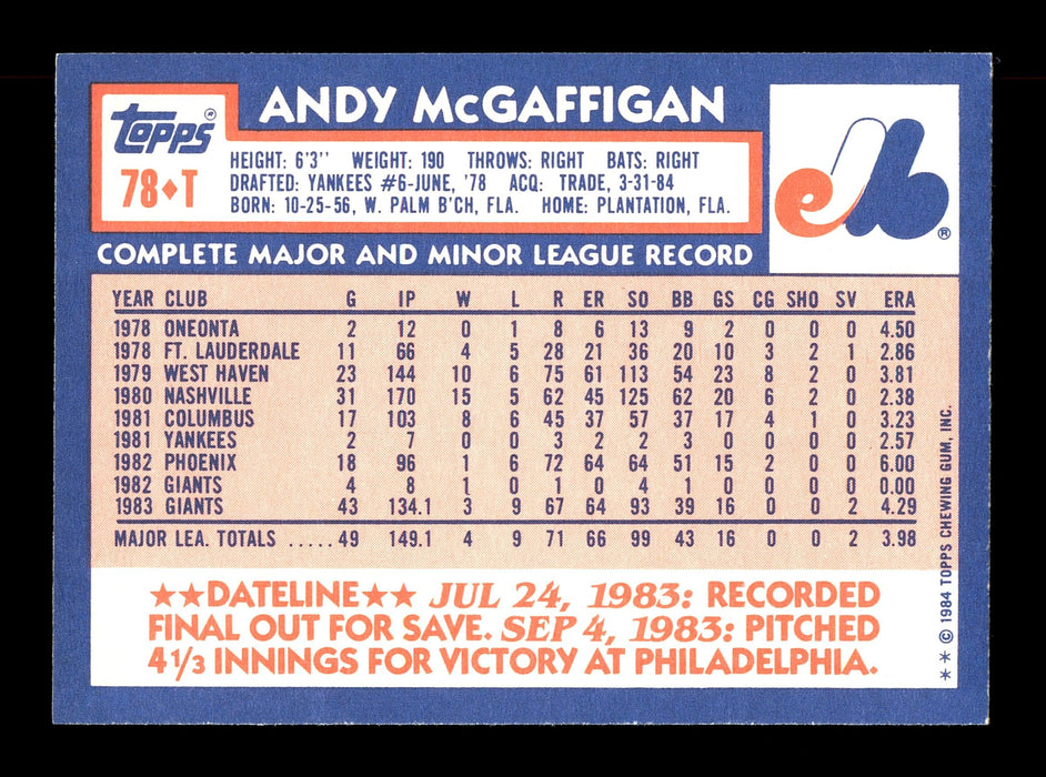 Andy McGaffigan Autographed 1984 Topps Card #78T Montreal Expos SKU #166682 - RSA