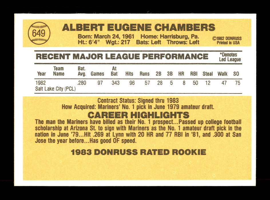 Al Chambers Autographed 1983 Donruss Card #649 Seattle Mariners SKU #166707 - RSA