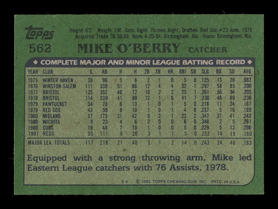 Mike O'Berry Autographed 1982 Topps Card #562 Cincinnati Reds SKU #166769 - RSA