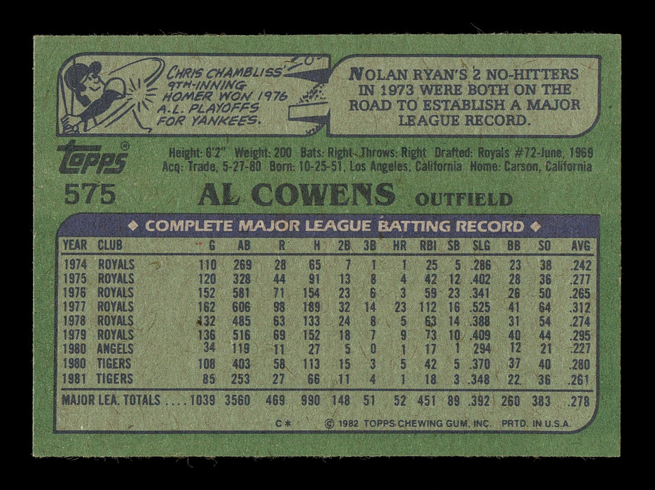Al Cowens Autographed 1982 Topps Card #575 Detroit Tigers SKU #166771 - RSA