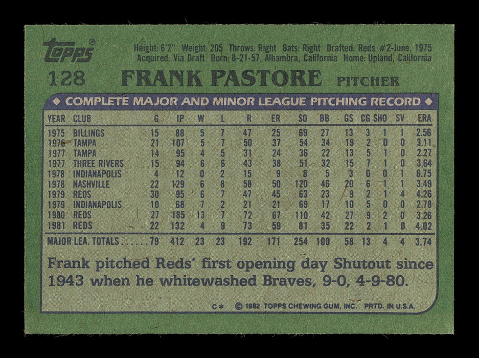 Frank Pastore Autographed 1982 Topps Card #128 Cincinnati Reds SKU #166807 - RSA
