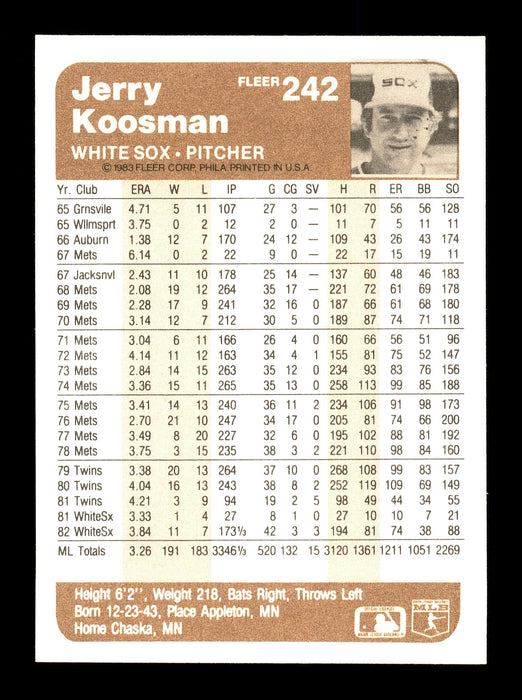 Jerry Koosman Autographed 1983 Fleer Card #242 Chicago White Sox SKU #166831 - RSA