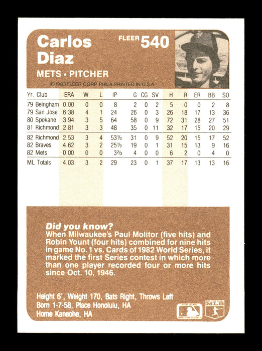 Carlos Diaz Autographed 1983 Fleer Card #540 New York Mets SKU #166835 - RSA