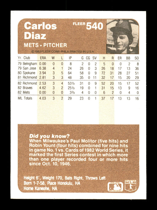 Carlos Diaz Autographed 1983 Fleer Card #540 New York Mets SKU #166837 - RSA