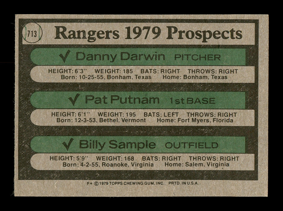 Danny Darwin, Pat Putnam & Billy Sample Autographed 1979 Topps Rookie Card #713 Texas Rangers SKU #166892 - RSA