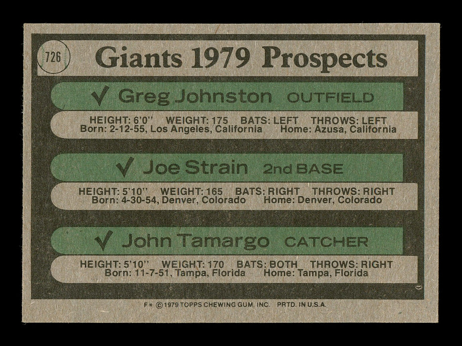 Joe Strain & John Tamargo Autographed 1979 Topps Rookie Card #726 San Francisco Giants SKU #166909 - RSA