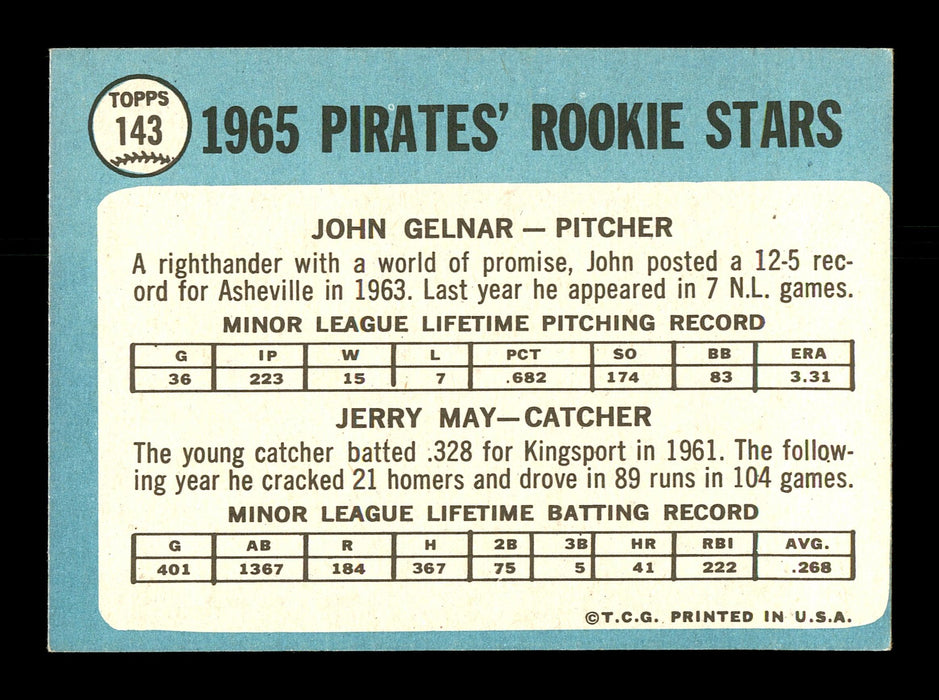 John Gelnar Autographed 1965 Topps Rookie Card #143 Pittsburgh Pirates SKU #167073 - RSA