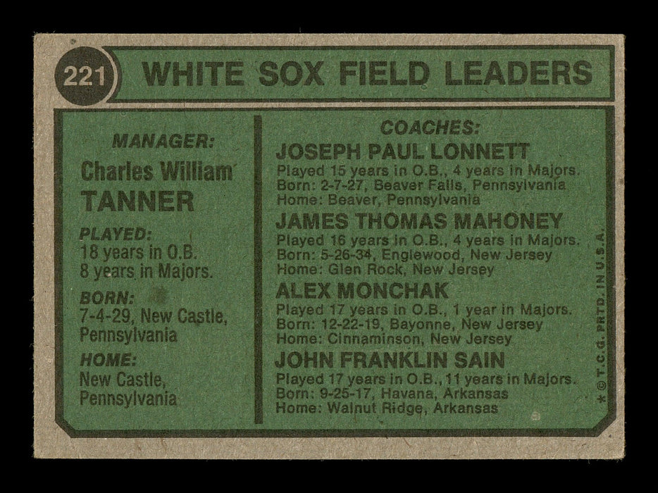 Alex "Al" Monchak Autographed 1974 Topps Card #221 Chicago White Sox Coach SKU #167114 - RSA
