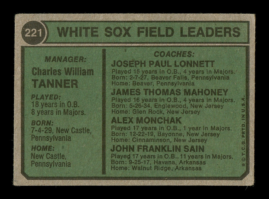 Alex "Al" Monchak Autographed 1974 Topps Card #221 Chicago White Sox Coach SKU #167115 - RSA